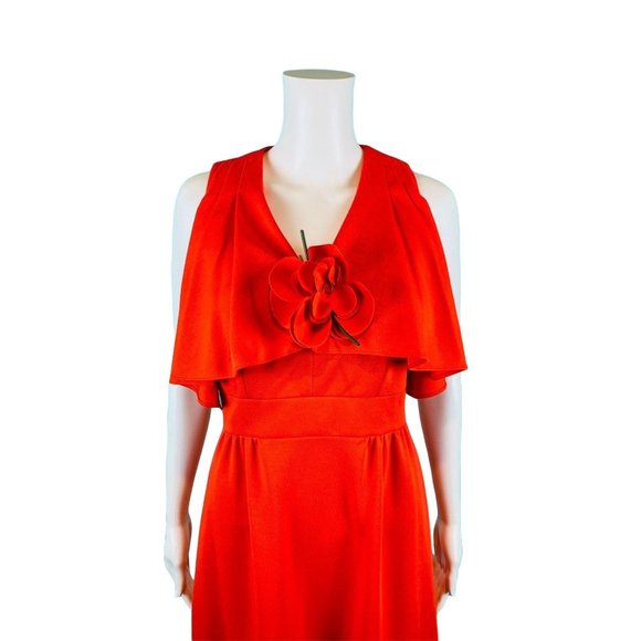 Vintage 1970s Maxi Party Dress Red Flutter Top Leslie Fay Flower Pin | W 27" - Picture 5 of 10